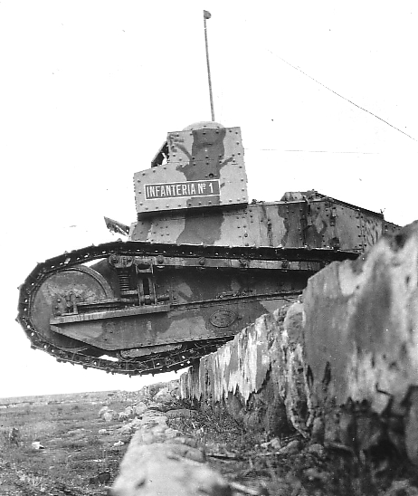 Renault FT-17 tank dropping down from a breastwork